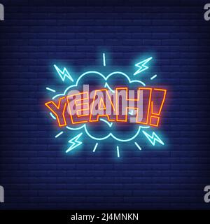 YEAH lettering neon sign. Word in cloud with lightening on brick wall background. Vector illustration in neon style for billboards, banners, good news Stock Vector