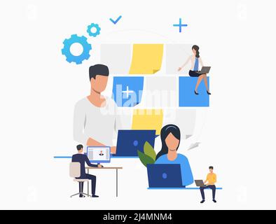 Business people watching profile. Laptop, coworking, desk, social network, CV. Business concept. Vector illustration for poster, presentation, new pro Stock Vector