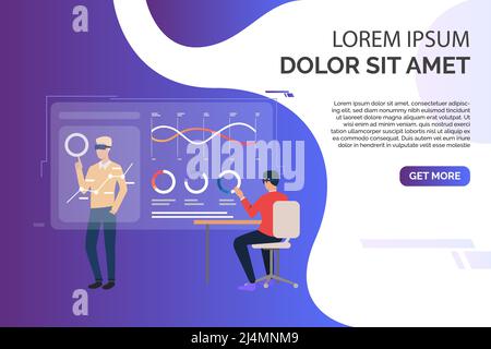 People working with charts on virtual screens and sample text. Future, VR, cyberspace concept. Presentation slide template. Vector illustration for to Stock Vector