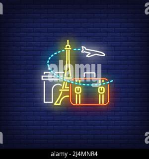 Airplane, suitcase, Eiffel tower and Arc de Triomphe neon sign. Tourism, vacation, travel design. Night bright neon sign, colorful billboard, light ba Stock Vector