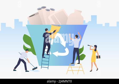 People putting rubbish into big recycling bin. Protection, solution, ecology concept. Vector illustration can be used for topics like recycling, pollu Stock Vector