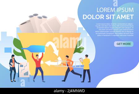 People putting trash into big recycling bin and sample text. Protection, solution, ecology concept. Presentation slide template. Vector illustration f Stock Vector