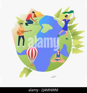 People roller skating, meditating and playing guitar on Earth globe. Lifestyle, leisure, activity, sport concept. Vector illustration can be used for Stock Vector