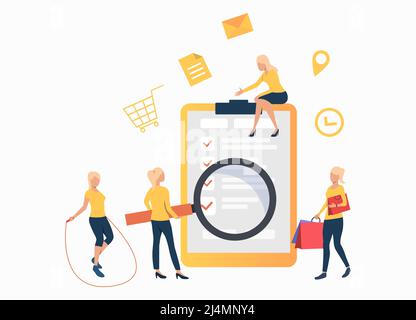 Women with loupe, skipping rope and bags standing at check list. Browser, search, application. Online service concept. Vector illustration can be used Stock Vector
