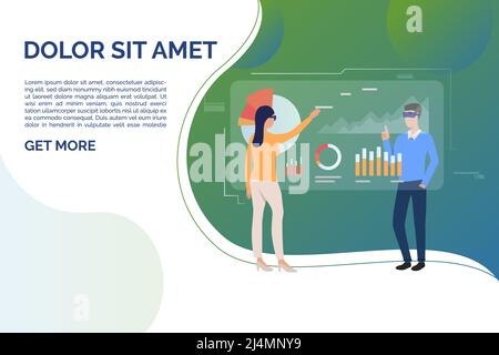 People tapping on futuristic screens with charts and sample text. Future, VR, cyberspace concept. Presentation slide template. Vector illustration for Stock Vector