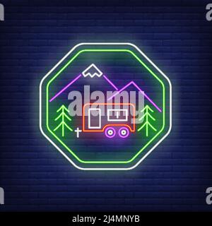 Camping truck neon sign. Trailer, camper, woods, mountain. Vector illustration in neon style for light banners and billboards, adventure travel, vacat Stock Vector
