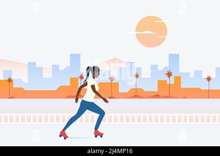 Black woman skating in park with distant buildings in background. Lifestyle, activity, leisure concept. Vector illustration can be used for topics lik Stock Vector