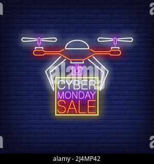 Cyber Monday Sale neon text in frame being carried by drone. Shopping, discount, technology design. Night bright neon sign, colorful billboard, light Stock Vector