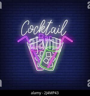Cocktail bar neon text, two drink glasses, straws and ice cubes. Cocktail bar design. Night bright neon sign, colorful billboard, light banner. Vector Stock Vector