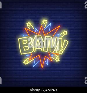 Bam lettering neon sign. Word with bang shapes and stars on brick wall background. Vector illustration in neon style for billboards, banners, party in Stock Vector