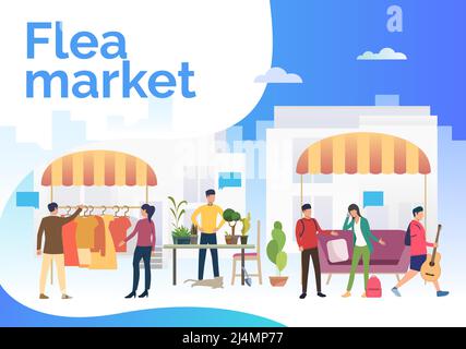 Flea market lettering, people selling clothes and plants outdoors. Buying, retail, marketplace concept. Presentation slide template. Vector illustrati Stock Vector