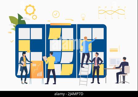 Marketing group working on presentation. Scrum meeting, teamwork, task list. Business concept. Vector illustration can be used for presentation slides Stock Vector