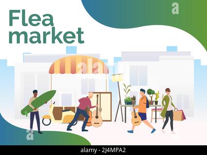 Flea market lettering, people shopping and walking outdoors. Buying, retail, marketplace concept. Presentation slide template. Vector illustration for Stock Vector