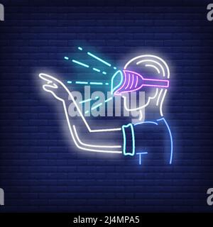 Guy wearing VR goggles neon sign. Man in VR glasses pointing finger on brick wall background. Vector illustration in neon style for billboards, banner Stock Vector