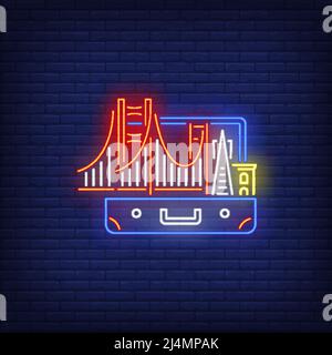 Bridge and buildings in open suitcase neon sign. Tourism, vacation, travel design. Night bright neon sign, colorful billboard, light banner. Vector il Stock Vector