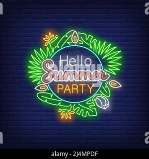 Hello Summer Party neon text with exotic plants leaves. Resort, tourism, vacation design. Night bright neon sign, colorful billboard, light banner. Ve Stock Vector