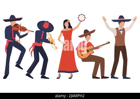Set of Mexican musicians. Men in sombreros playing instruments, woman dancing with tambourine. Show concept. Vector illustration can be used for topic Stock Vector