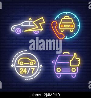 Calling taxi cab neon signs set. Transportation, vehicle, tourism design. Night bright neon sign, colorful billboard, light banner. Vector illustratio Stock Vector