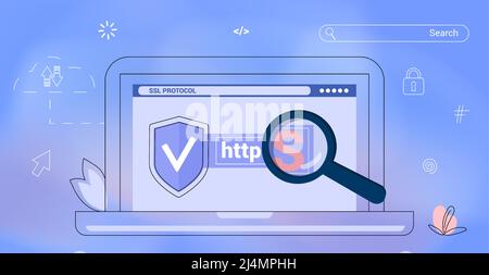 HTTPS Protected connection Secure protocol Security communication online networks Safe browsing Internet surfing on net and data sertificate encryptio Stock Vector