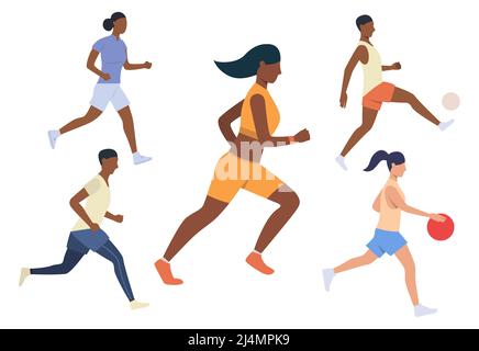 Set of running sport activities. Men and women jogging, playing football or basketball. Sport concept. Vector illustration can be used for topics like Stock Vector