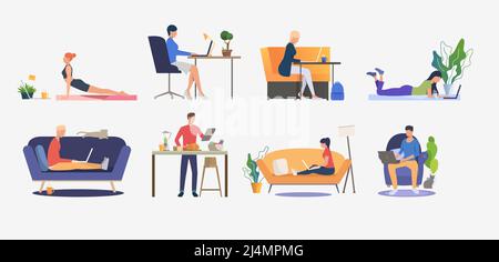 Set of people using computers and having rest. Men and women sitting on sofas, freelancing, cooking and practicing yoga. Vector illustration can be us Stock Vector