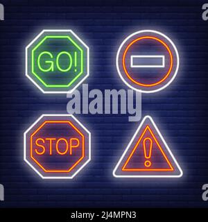 Exclamation mark, go and stop traffic neon signs set. Road signs or warnings design. Night bright neon sign, colorful billboard, light banner. Vector Stock Vector