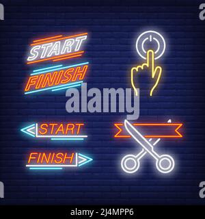 Ribbon cutting, switching on, start and finish neon signs set. Racing, business startup design. Night bright neon sign, colorful billboard, light bann Stock Vector
