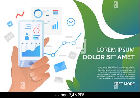 Person using financial analysis application on smartphone. Chart, data, analytics, technology concept. Presentation slide template. Vector illustratio Stock Vector