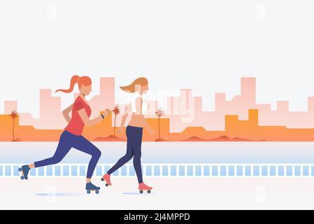 Women skating with distant buildings in background. Lifestyle, activity, leisure concept. Vector illustration can be used for topics like summer, holi Stock Vector