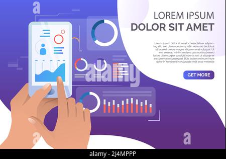 Person using financial data analysis application on smartphone. Chart, data, analytics, technology concept. Presentation slide template. Vector illust Stock Vector