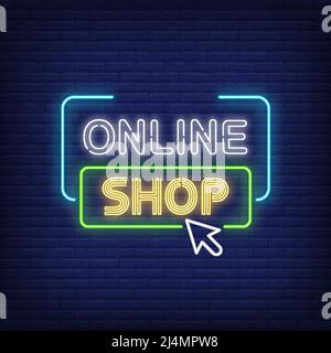 Online shop neon sign. Internet store buttons on brick wall background. Vector illustration in neon style for banners, posters, ads Stock Vector