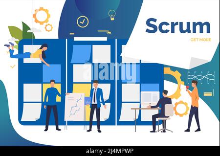 Scrum team working on project in office. Presentation, computer, shouting at megaphone. Business concept. Vector illustration can be used for topics l Stock Vector