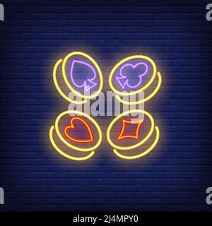 Playing card suit symbols on gold coins neon sign. Gambling and poker club design. Night bright neon sign, colorful billboard, light banner. Vector il Stock Vector