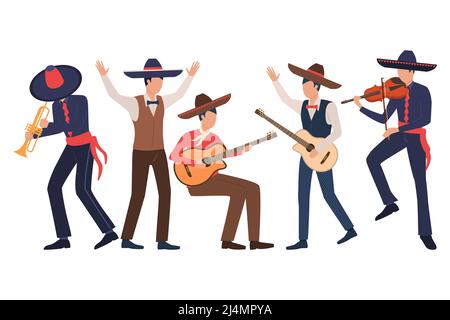 Set of male Mexican musicians. Men in sombreros playing musical instruments and singing. Show concept. Vector illustration can be used for topics like Stock Vector
