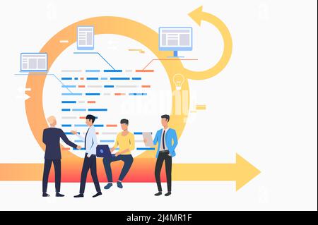 Scrum team discussing tasks. Arrow, report, working on laptop, conversation. Business concept. Vector illustration can be used for topics like agile m Stock Vector