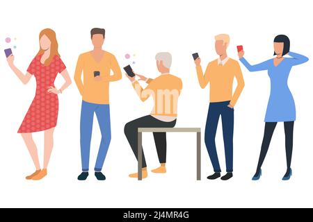 Set of cellphone users. Men and women using smartphones. Communication concept. Vector illustration can be used for topics like wireless connection or Stock Vector