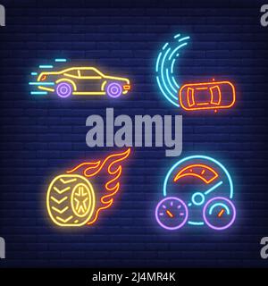 Racing cars, wheel on fire and speedometer neon signs set. Car racing, entertainment and sport design. Night bright neon sign, colorful billboard, lig Stock Vector