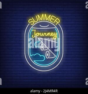 Summer Journey neon lettering and airplane window view. Tourism, vacation and travel design. Night bright neon sign, colorful billboard, light banner. Stock Vector