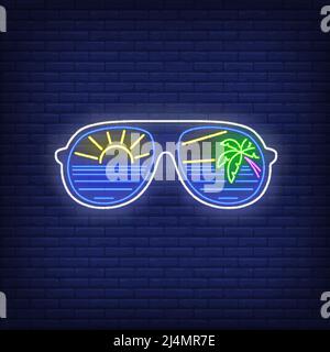 Sunglasses with sea, sun and palm tree reflection neon sign. Tourism, vacation, travel, summer design. Night bright neon sign, colorful billboard, lig Stock Vector