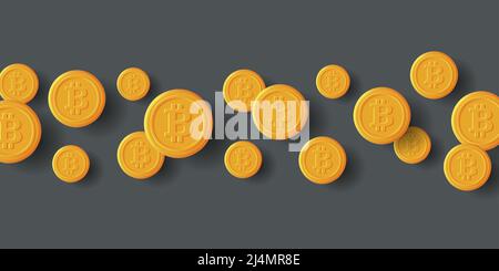 Background with 3d bitcoin coins in stripe on grey backdrop Stock Vector
