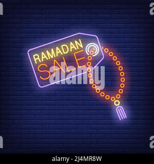 Ramadan Sale neon text on tag with prayer beads. Ramadan Kareem offer design. Night bright neon sign, colorful billboard, light banner. Vector illustr Stock Vector