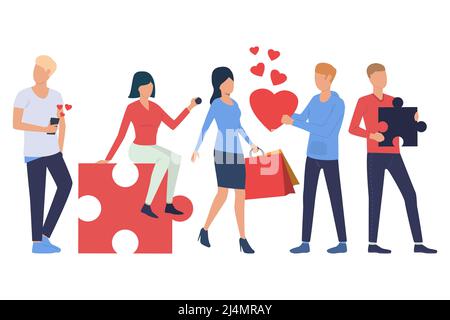Set of men and woman with objects. People chatting on smartphone, holding heart, shopping bag, puzzle piece. People concept. Vector illustration can b Stock Vector