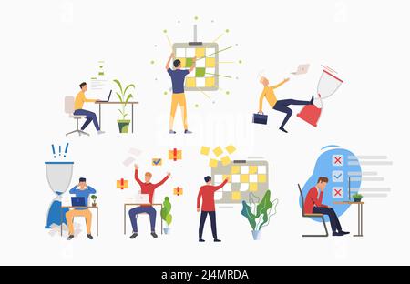 Set of time management activities. Man working at laptop, sticking notes, following schedule. Business concept. Vector illustration can be used for to Stock Vector