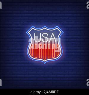Shield with USA flag stripes neon sign. National symbols, coat of arms, 4th of July. Vector illustration in neon style for festive independence day ba Stock Vector