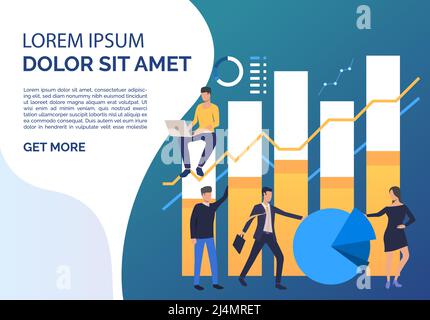 Business people analyzing bar, pie and line charts, sample text. Analytics, management, banking concept. Presentation slide template. Vector illustrat Stock Vector