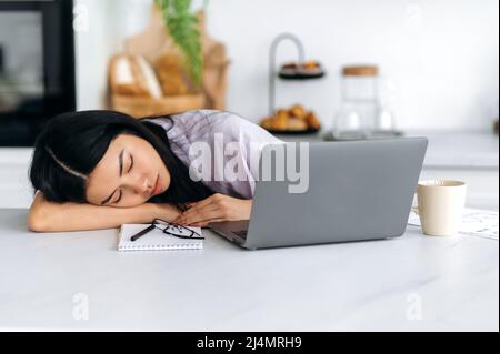 Fatigue concept. Tired exhausted Asian millennial girl, student or freelancer, fell asleep on the table while working remotely or studying in a laptop at home, is overworked, needs rest Stock Photo