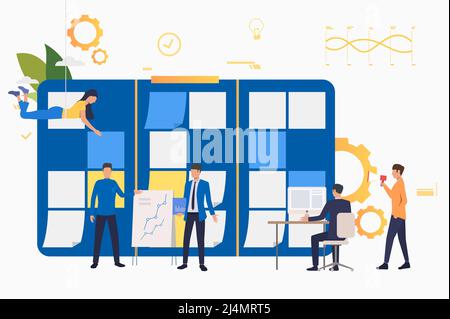Employees working on project. Kanban board, presentation, computer, megaphone. Business concept. Vector illustration can be used for topics like agile Stock Vector