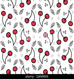 Sweet cherry repeating pattern. Seamless texture with wild berries. Summer motives with fresh healthy food ingredients Stock Vector
