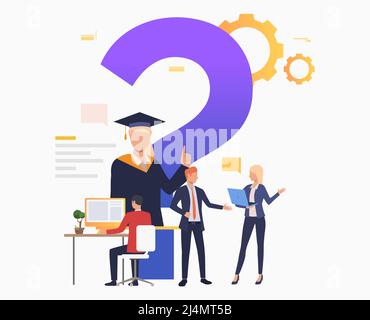 Man working with computer, people talking vector illustration. Discussion, helpdesk, faq. Search engine concept. Creative design for layouts, web page Stock Vector