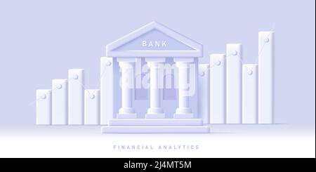 Banking building digital 3d icon with volume bar chart on the background Stock Vector